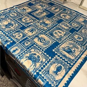 Blue and Cream Stamp Pattern Satin Scarf